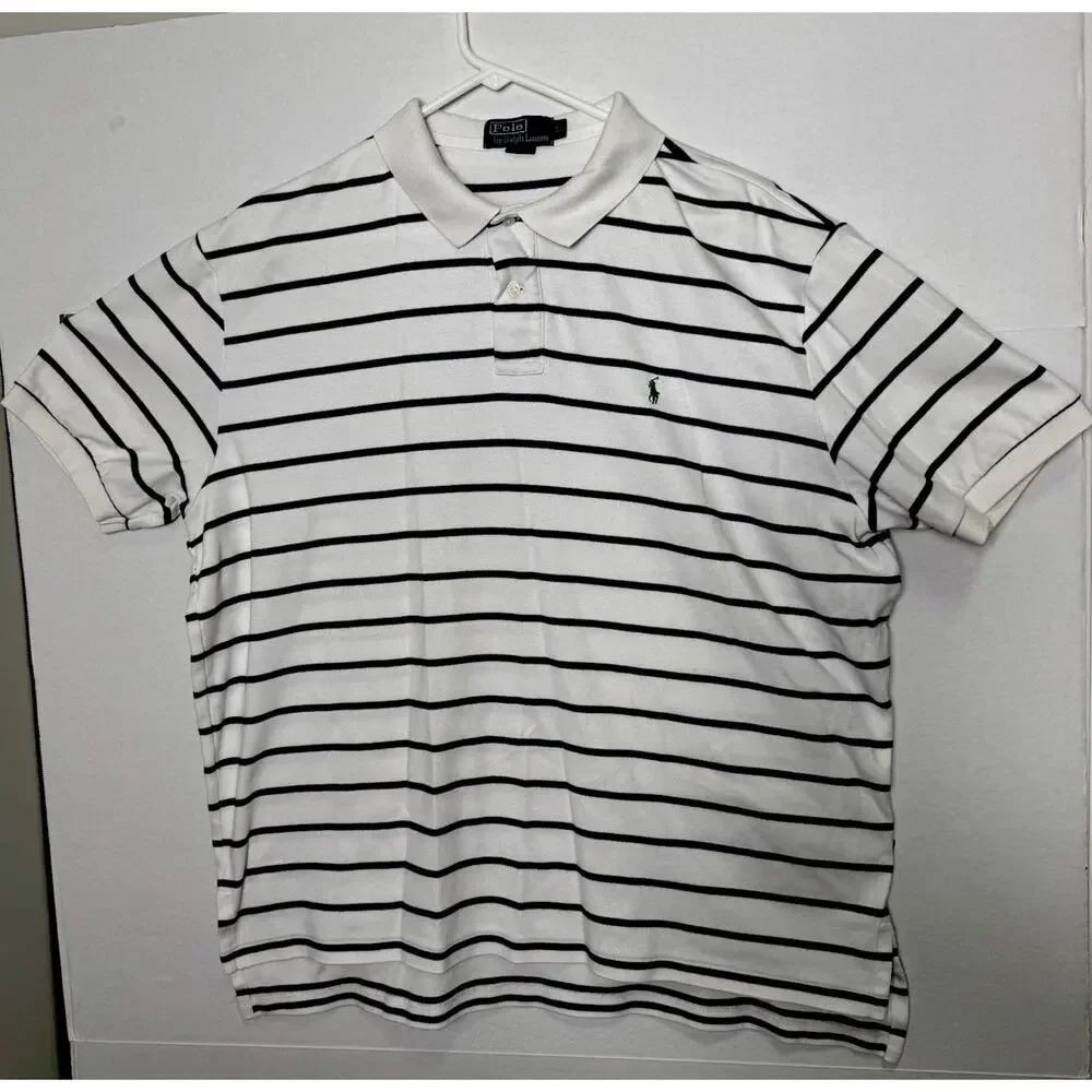Polo Ralph Lauren White Blue Striped Short Sleeve Polo Shirt - Men's Size XL